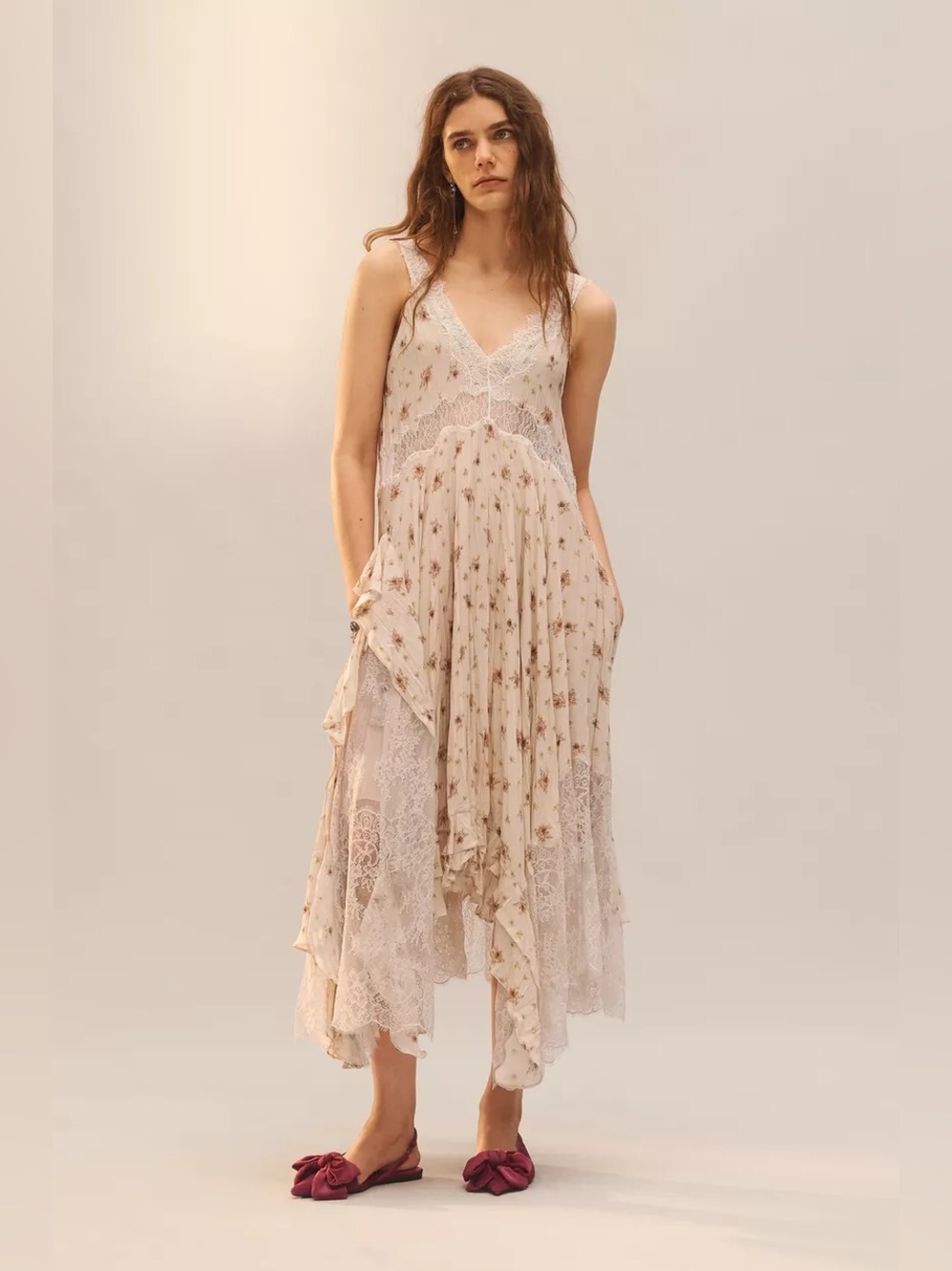 Zara Studio Limited Bohemian Floral Lace Midi Dress in Cream